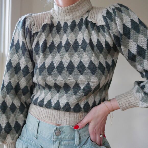 Vintage Sweaters - Vintage argyle knit sweater turtleneck puff sleeve womens Small